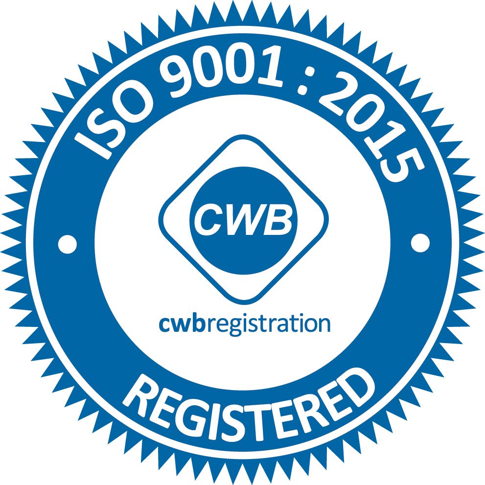 A blue and white seal that says cwb registration iso 9 0 0 1 : 2 0 1 5 registered.