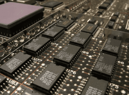 A close up of many electronic components on the floor